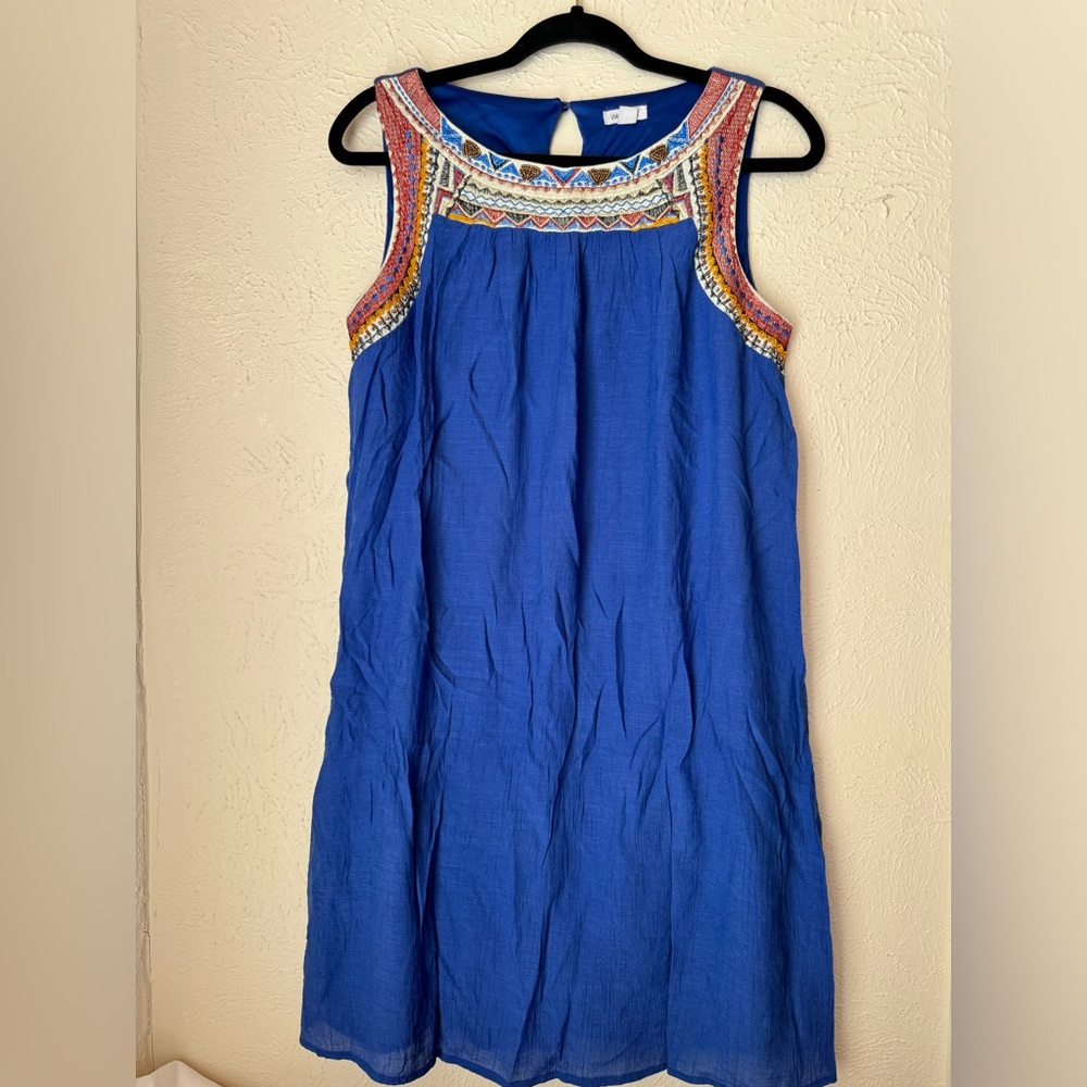 Westport Aztec Embroidered Beaded Trim Dress Size M Blue Sleeveless